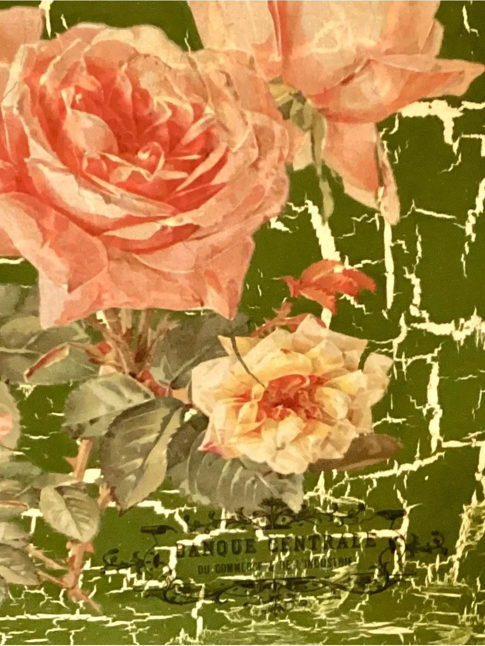 Floral Tray with Pink Roses on Green Crackle Background